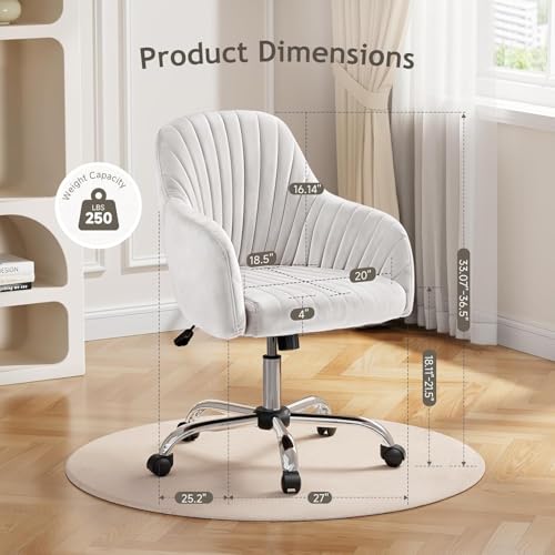 Image of AZAKEE Velvet Office Chair with Wheels & Armrests - Mid-Back Swivel Desk Chair for Home Office, Study, Bedroom & Vanity - Adjustable Height, Comfortable & Stylish (White)