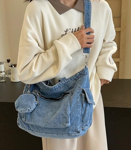 Pocadri Women Denim Canvas Tote Purse Shoulder Crossbody Bag Large Multi-pocket Top Handle Work Handbags3