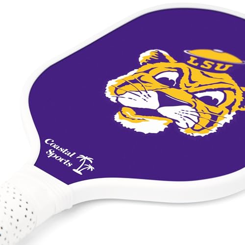 Image of LSU Pickleball Paddle | Officially Licensed Collegiate Pickleball Paddle | Honeycomb Polymer Core | Graphite Face | Premium Leather Grip | Lightweight