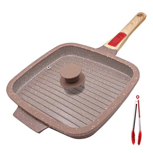 RANX INGST Grill Asador con Rayas con Tapa, Revestimiento Cerámico Antiadherente, 26 x 24 cm Sartén Parrilla con Mango Extraíble