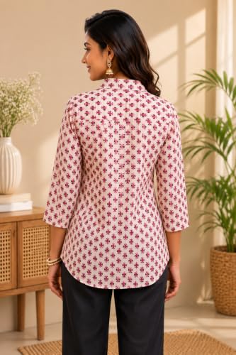 Image of Pure Cotton Long Hemline Shirt for Women Beautiful Printed Collared Neck Casual Western Shirt Top Formal Office Wear
