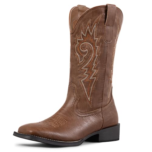 Image of SheSole Cowboy Boots for Women Wide Calf Square Toe Western Boots in Beige and Brown Embroidery Cowgirl Riding Boots