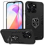 Btstring Case for Honor X6A and Screen Protector Tempered Glass, Shockproof Tough Armour Phone Case, Heavy Duty Personalised Case with Stand, Black
