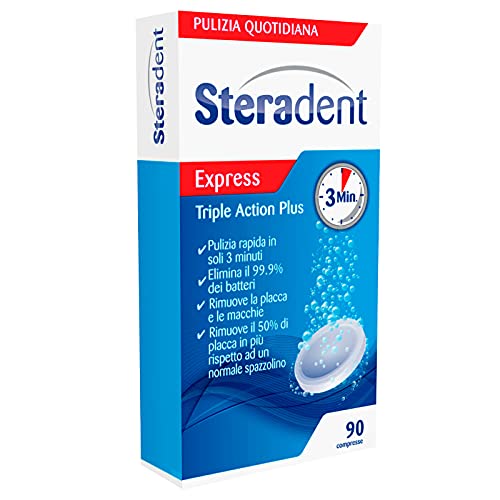 90 Compresse Steradent Express Effervescenti Triple Action Plus per la Pulizia della Protesi...