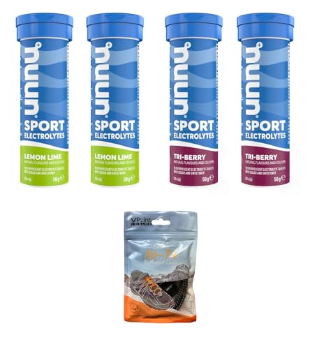 NUUN Sport Elektrolyte Hydration Tabletten – 4 Tuben Elektrolyt-Tabs (insgesamt 40 Tabletten), gebündelt mit einer Packung elastischer, nicht bindender reflektierender Schnürsenkel (2 Tri-Berry / 2