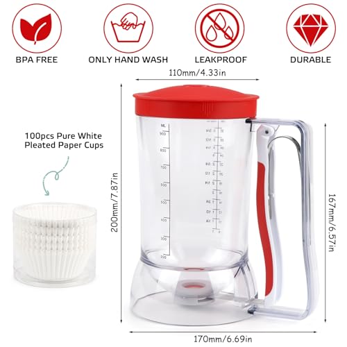 Kuchen Teigportionierer 900ml Teigspender Batter Dispenser Mit Deckel und Skala für Kuchen, Pfannkuchen, Muffins, Waffeln