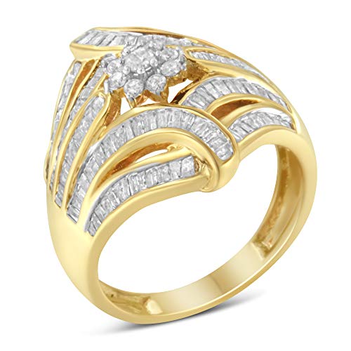 Original Classics 10K Yellow Gold Flashed .925 Sterling Silver 1-1/8 Cttw Round & Baguette Diamond 'Flower & Fern' Cluster Cocktail Fashion Ring (I-J Color, I2-I3 Clarity) - Size 6-1/2