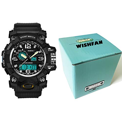 WISHFAN Men’s Military Watch, Dual-Display Waterproof Sports Digital Watch Big Wrist for Men with Alarm (Black)