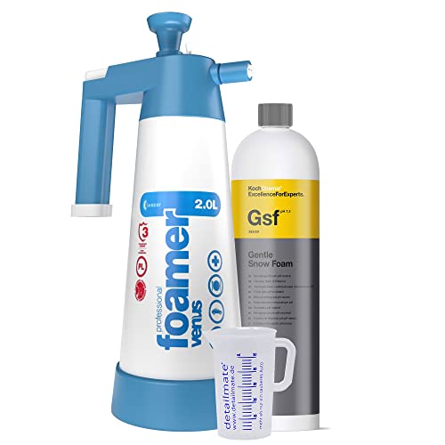 detailmate Vorwäsche Set: Koch Chemie GSF Gentle Snow Foam, Reinigungsschaum - Shampoo - Insektenlöser, Venus Super Foamer Cleaning Pro+ Viton 2L Box 2018 Model mit Box und Zubehör + Messbecher 50 ml