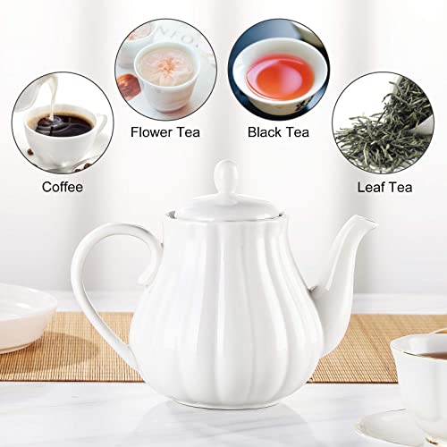 Ceramic Teapot, 28Oz Small Porcelain Teapot With Removable Stainless Steel Infuser Pumpkin Fluted Shade White Tea Pots For Blooming And Loose Leaf Large Tea Pot For Gift, Party, Family #TOP1