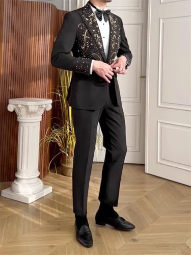 Luxury Mens 2 Pieces Suit Slim Fit Dinner Tuxedo Blazers Pants Outfit with Handmade Rhinestone for Prom,Party,Wedding3