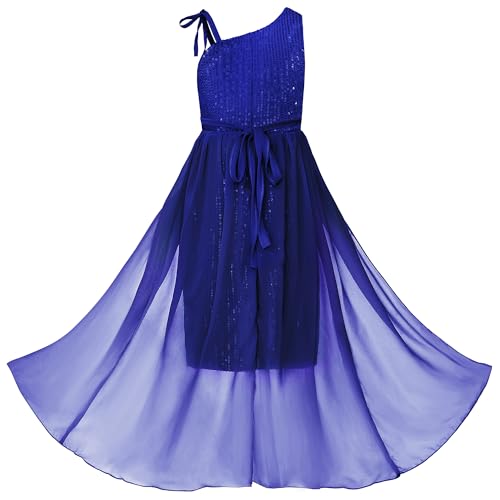 JerrisApparel Girls' Sparkling Sequin One-Shoulder Party Dress Flower Girl Wedding Gown with Flowing Chiffon Overlay2