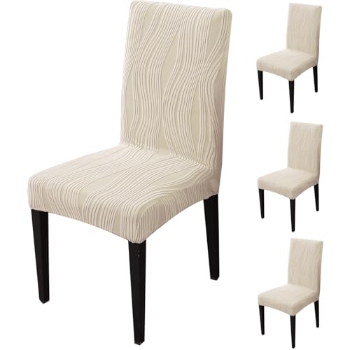 Image of HOKIPO 200 GSM Premium Knitting Jacquard Elastic Dining Table Chair Cover Set of 4, 'Nestiva Series' Skimmed Cream (AR-6072-CRM)