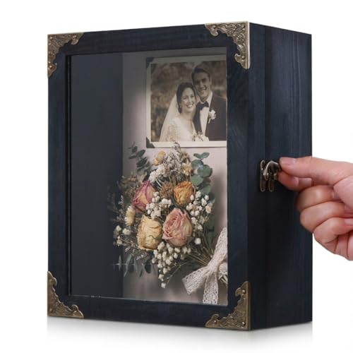 Deep Shadow Box Frame 8x10 with 4.7' Depth, Black Wood Display Case with Vintage Lock, Metal Corner Accents, Extra Deep Shadow Box Frame for Medals, Photos, Collectibles, Wedding Keepsakes