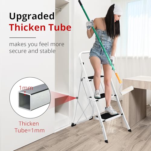 Image of HBTower Step Ladder Folding Step Stool for Adults | 3 Step Ladder with Anti-Slip Pedal, 330 lbs Capacity for Kitchen, Home, White