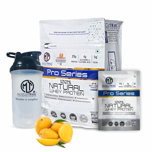Image of MuscleTrail Pro Series Whey Protein, 50 Pouches, 25g Protein, Isolate Source, Low Carb, 4g Glutamine & Glutamic Acid, 5g BCAA, 1.79kg (1.550 KG, Mango)