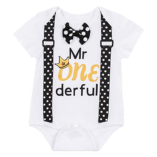 Baby First Birthday Outfit Boy Gifts Funny Bowtie One Year Old Boys Romper Bodysuit Set (12-18 Months) Black #TOP1