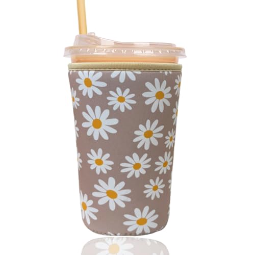 Image of Reusable Insulated Sleeve for Iced Coffee Cup, Coffee Neoprene Sleeve for Cold & Hot Drinks, Beverage Holder for Iced Coffee (Sunny Daisies, Large: 32oz)