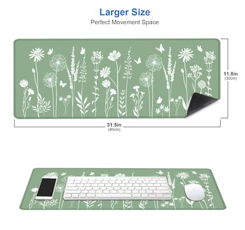 Image of IMAYONDIA Cute Sage Green Desk Mats Mousepad, Plant Floral Anime Deskmat, Aesthetic Desk Pad, Minimalist Mint White Leaves Large Gaming Mouse Pad, Decor Accessories, 31.5 X 11.8