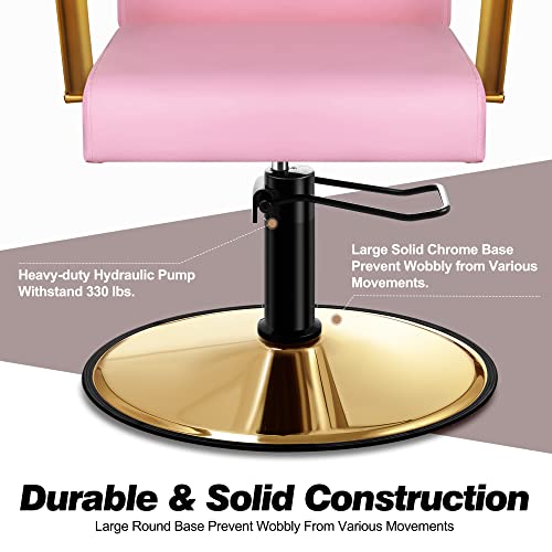 Baasha Salon Chair For Hair Stylist, Gold With Pink Leather Salon Chairs, Heavy-Duty Barber Chair Beauty Spa Equipment, Max Load Weight 330 Lbs - Pink Salon Chair #TOP5