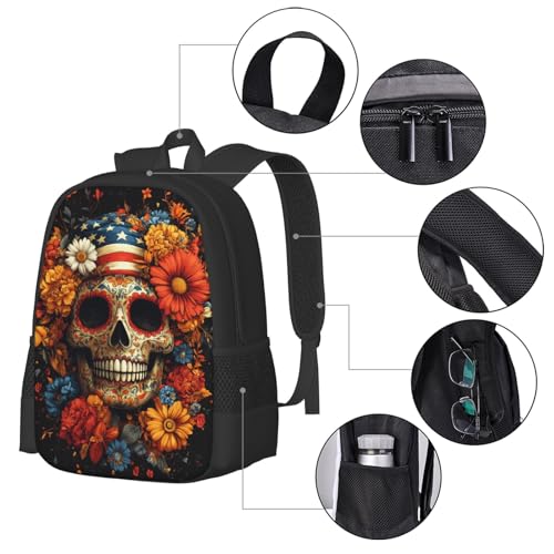 Image of Floral Skull Print Backpack For Men Women Lightweight Daypack For Daily Commutes Business Travel Hiking