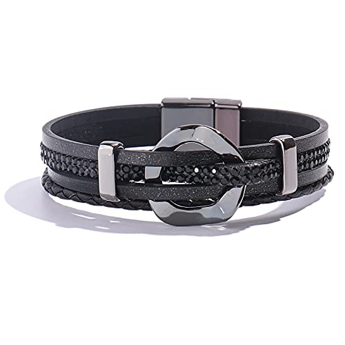 FANCY SHINY Leather Cuff Bracelet Circle Rhinestone Wrap Bracelet Stackable Multi Layer Wristband with Clasp Boho Jewelry Gift for Women