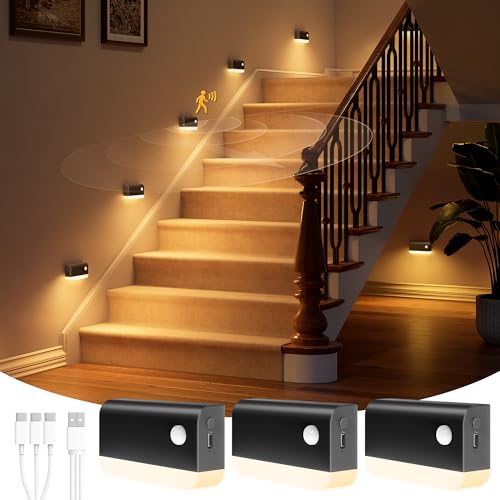 Image of NIORSUN Motion Sensor Stair Lights Indoor, 3 Pack Rechargeable Wireless Step Lights with 3 Color Temperatures, 1200mAh Battery, Magnetic Base for Hallway, Closet, Bathroom, Black