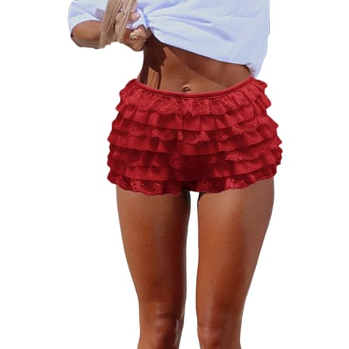 Women Y2K Lolita Bloomers Lace Mesh Ruffle Fairy Short Sexy Layered Pettipants Coquette Boy Shorts (US Alpha Small Regular Regular Red)