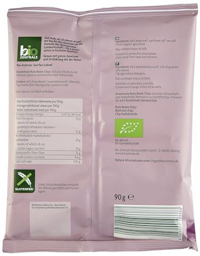 biozentrale Gemüse Chips Rote Beete - 6x90g (6er Pack) – Vegane, Glutenfreie, Ballaststoffreiche Gemüsechips ohne Hefeextrakt, Mit Meersalz verfeinert, Knusprig, vegan, mit Ballaststoffen