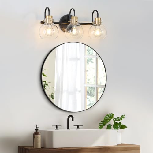 Image of 3 Lights Bathroom Light, Black Gold Vanity Light Fixture, Wall Sconces with Globe Clear Glass Shade, Farmhouse Wall Mount Lamp for Mirror, Kitchen, Porch, Living Room, Workshop