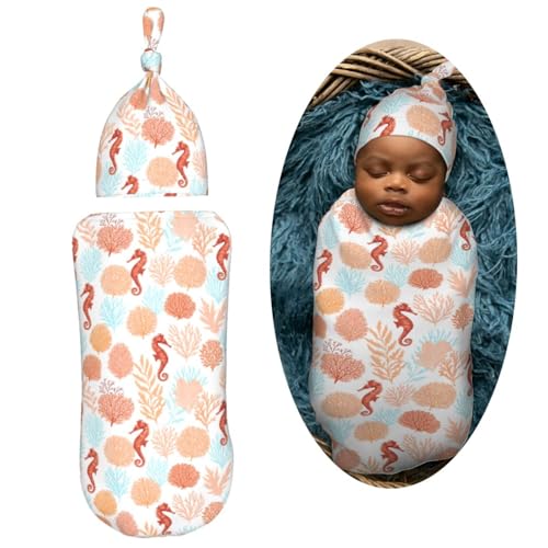 Image of Tropical Pattern Corals Sea Horse Newborn Swaddle Blankets Hat Sets Soft Baby Receiving Blanket Swaddle Sack for Baby Shower Infant Boy Girl Gift