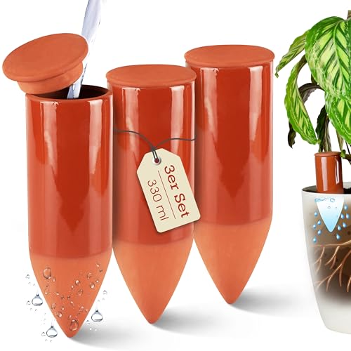 LIVONDO 3 x 330 ml, strumento per irrigare piante d'appartamento in terracotta, realizzato a mano, indicatore del livello dell'acqua, per piante da appartamento