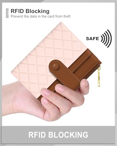 Image of Aiawoxc Womens Wallet, RFID Small Slim Wallets for Women, Compact Credit Card Holder, Cute Leather Bifold Ladies Purse with Zipper Coin Pocket and ID Window, Pink Brown