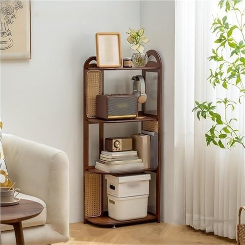 Stylish 151cm Multi-Layer Corner Shelf - Open Display Rack with Wood Frame, Resin Rattan Weave & Acrylic Plate, Perfect 90° Fan-Shaped Storage Solution for Living Room & Home Décor