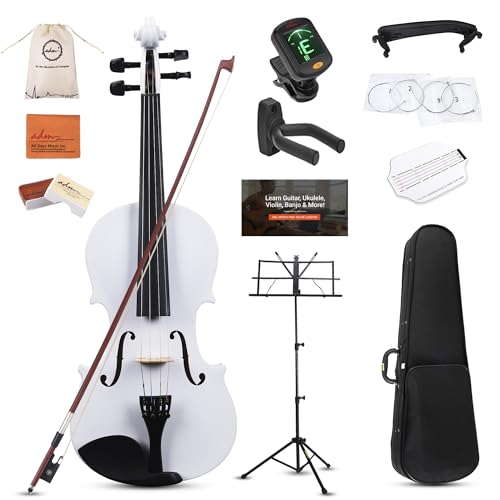ADM Acoustic Violin for Kids Beginners, 4/4 Full Size Acoustic Violin Fiddle for Teens Students Violin Starter Kit with Hard Case, Shoulder Rest, Bow, Violin Music Stand and Strings,White