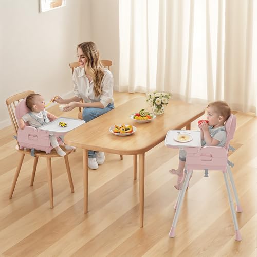 Image of Obee Odee 3-in-1 Portable Baby High Chair for Babies and Toddlers, Convertible Easy Clean Infant Foldable Highchair with Adjustable Legs & Dishwasher Safe Tray, Pink