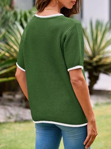 Image of Saodimallsu Womens Puff Short Sleeve Sweater Tops Spring Summer Color Block Ribbed Knit Crew Neck Going Out Shirts