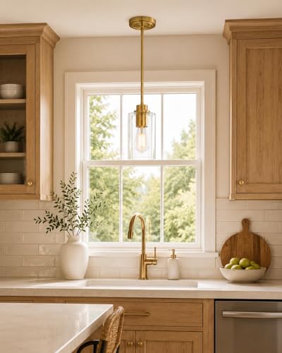 Image of Brass Pendant Lights Kitchen Island 2 Pack, Farmhouse Gold Pendant Lighting with Clear Glass Shade, Mini Hanging Light Fixture for Kitchen Sink Dining, AD-22281-1P2-GD-C