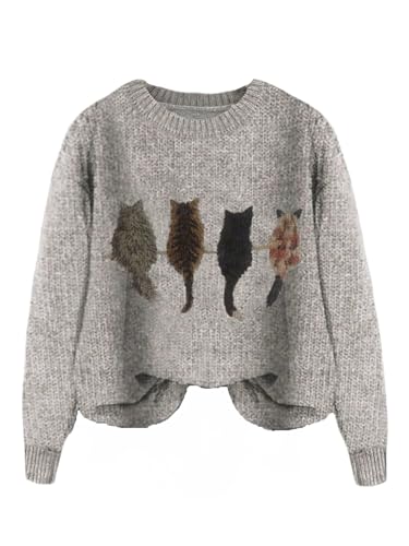 WDIRARA Women's Cat Graphic Sweater Long Sleeve...