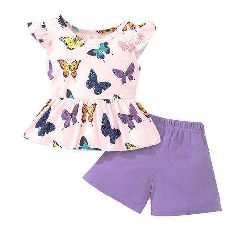 Image of Girls Summer Outfits Toddler Baby Girls Short Sets 2 Piece Clothing Set Flutter Sleeve Shirt and Short 2-7 Years