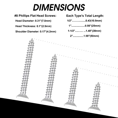 Qisheng QS-0001 100 Pcs #8X1-1/2"(1.5 Inch) Stainless Steel Phillips Flat Head Wood Screws,Stainless Steel 18-8 A2(304) Screw,Home Screw Kit thumb #2