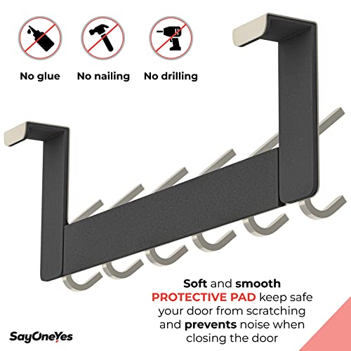 Brushed Nickel Over The Door Hooks – Heavy Duty Stainless Steel Door Hanger with 6 Double Hooks for Hanging Towels, Coats, Robes, Hats, Bags – No Drill Over Door Towel Rack for Bathroom & Bedroom by SAYONEYES - Image 4