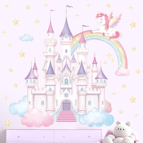 SHUCHING Pegatinas de Pared Castillo Grande, Vinilo Adhesivo Pared Unicornio Arcoíris, Vinilos Decorativos para Dormitorio Infantil Habitación Niña