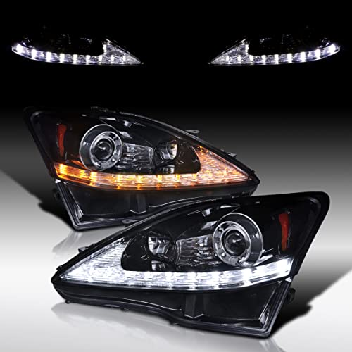 Autozensation Compatible with 2006-2010 Lexus IS250 IS350, Left + Right Pair Headlamps Assembly, SMD LED Turn Signal Glossy Black Smoke Projector Headlights