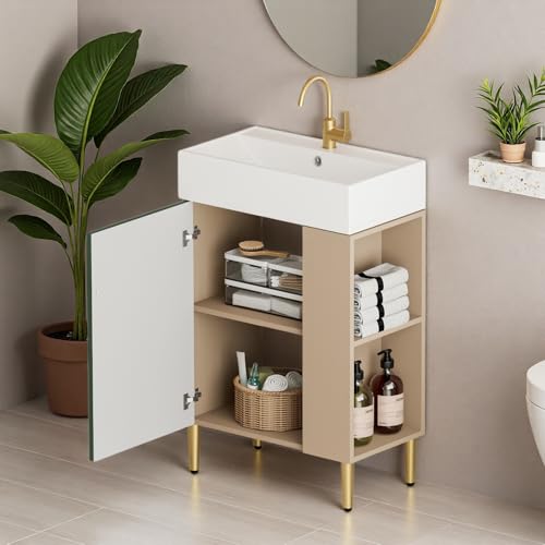 Image of 21.6 inch Freestanding Bathroom Vanity with Ceramic Sink, Green | Ceramic Sink, Wave-Pattern Door & Two-Layer Right Open Compartment, Bathroom Storage Cabinet, Easy Installation