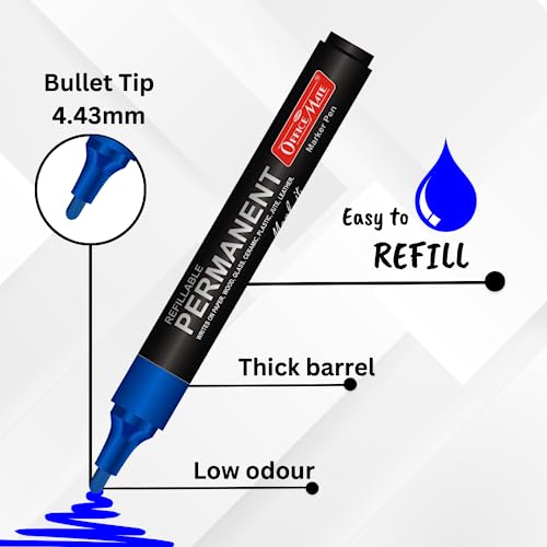 Image of Soni Officemate Permanent Marker Combo-Blue | 4 Markers + 4 Inks | Waterproof & Refillable | Multi-Surface Use | 4.43 mm Tip
