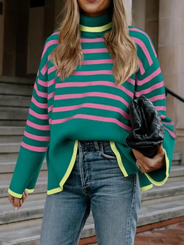 AGSEEM Fall Sweaters for Women Pullover Long Sleeve Turtleneck Striped Cable Knit Side Slit Tops Oversized Sweater Trendy3