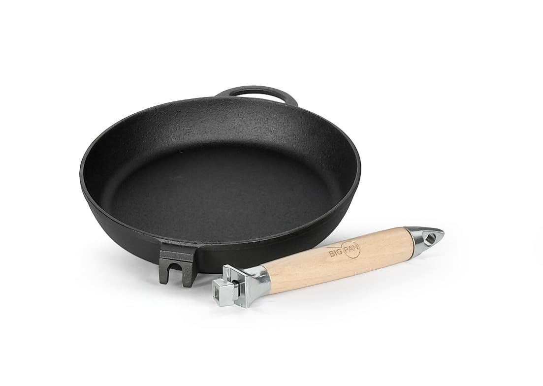 4BIG.fun Sartén de Hierro Fundido para Freír 28 cm 70 mm de alto - Sartén con mango de madera - Sartén apta para barbacoa de gas, horno, fogones y todo tipo de cocinas, incluida la inducción