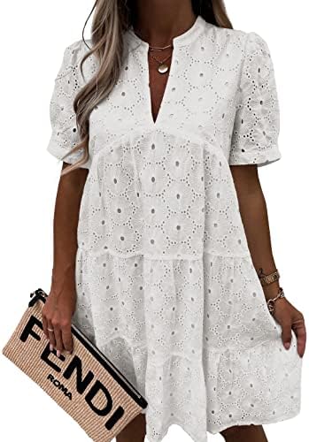 Imily Bela Womens Summer Lace Dresses Eyelet Casual Flowy Babydoll Swing Short Sleeve V Neck Tunic Dress