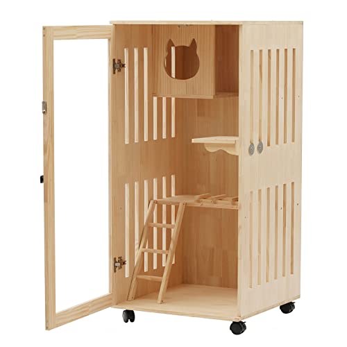 Gbonklong Large Wooden Cat House for Outdoor and Indoor Cats, Luxury Multi-Feature Cat Condo with Cat Scratching Posts Oversized Cat Villa on Wheels, Cat Villa Indoor Cat Enclosure Wood Color